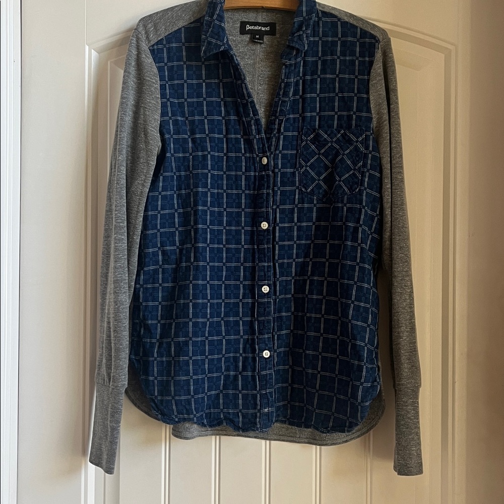 Betabrand Blue and Gray mixed media Plaid Shirt M thumbholes